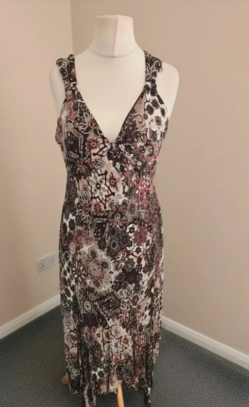 Etam Y2K Ladies Brown & Burgundy Patterned Midi Dress