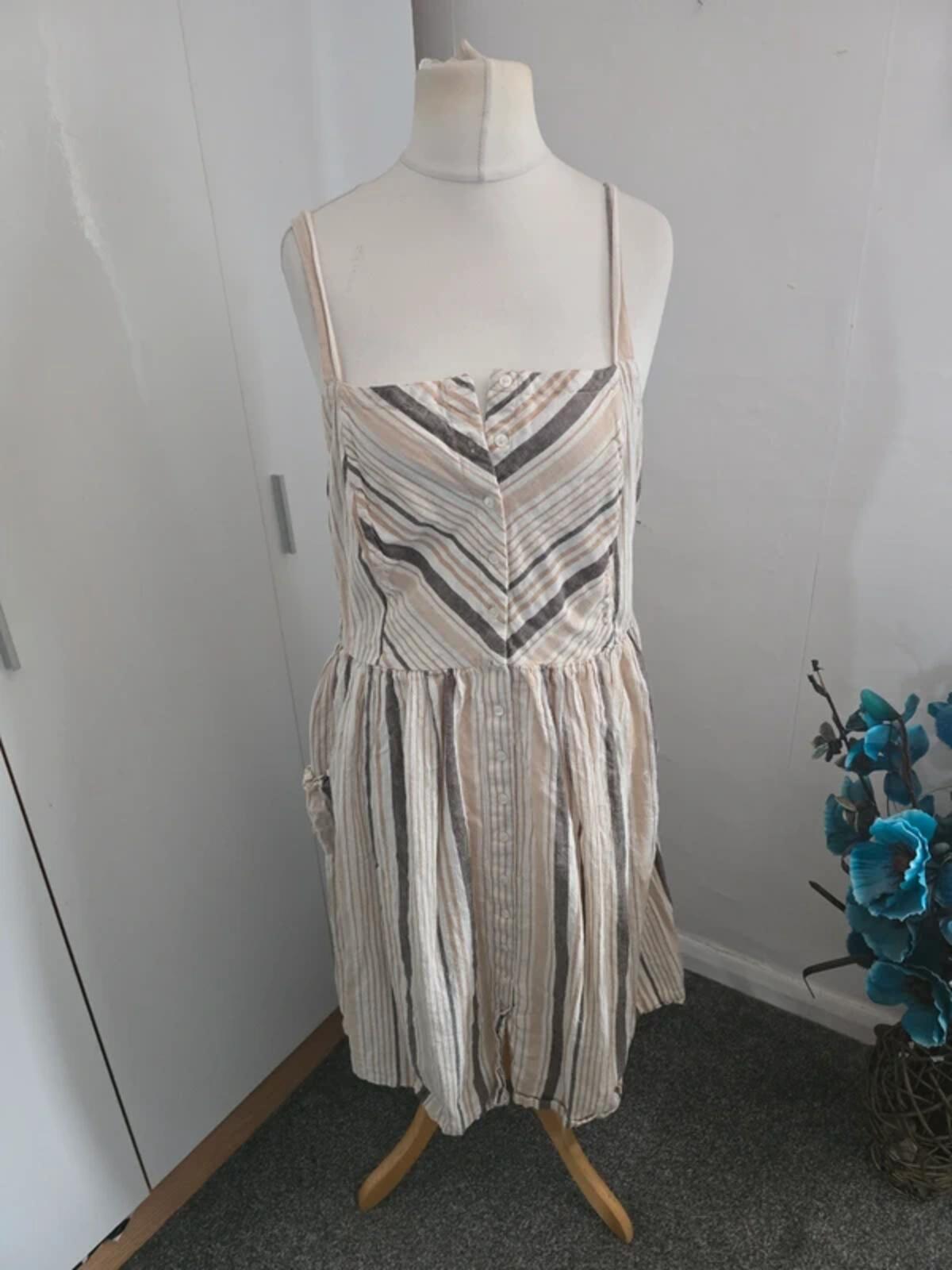 TU Beige White Brown Striped Linen Blend Belted Midi Dress Size 18