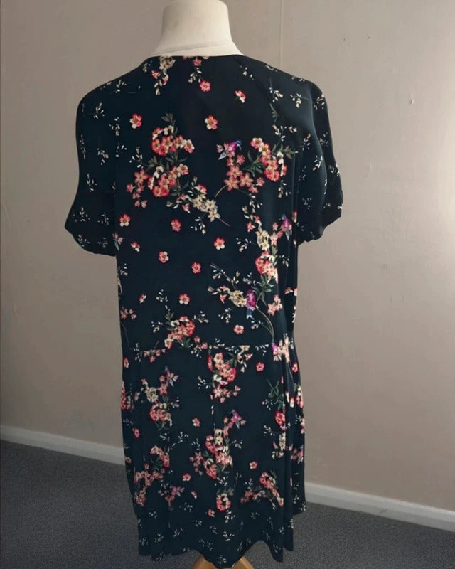 Phase Eight Black Floral Dress – UK Size 16 – Short Sleeves Pockets Smart Casual