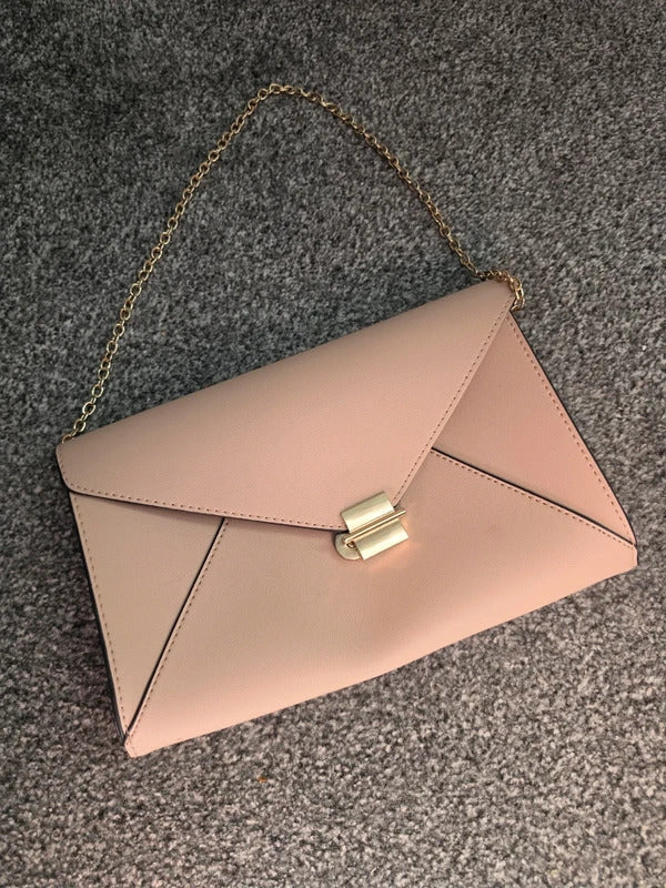 Primark Beige Faux Leather Magnetic Closure Clutch Shoulder Bag With Gold Strap