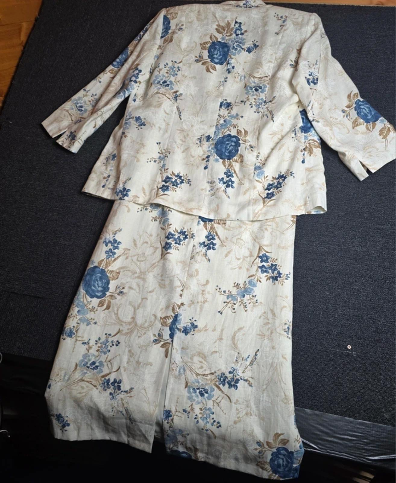 Bianco Mother of the Bride/Groom Cream Blue Floral Linen Dress & Blazer Set  Size 14