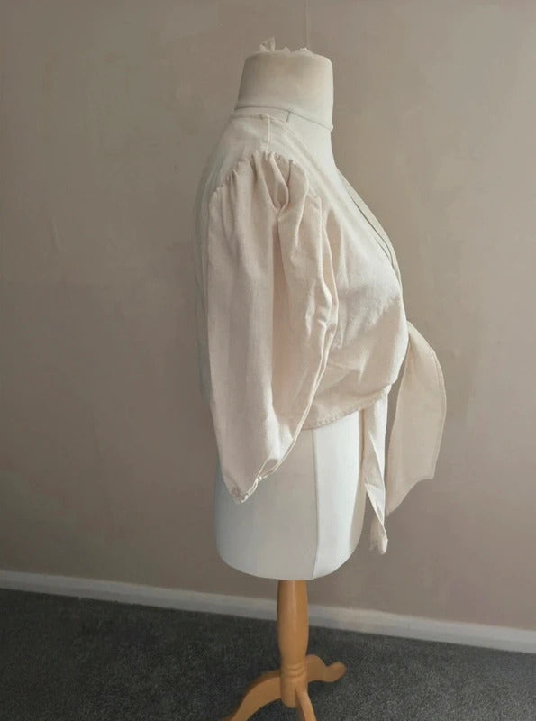 Pretty Lavish Cream Linen Cotton Tie Front Puff Sleeve Kimono Jacket Size 10