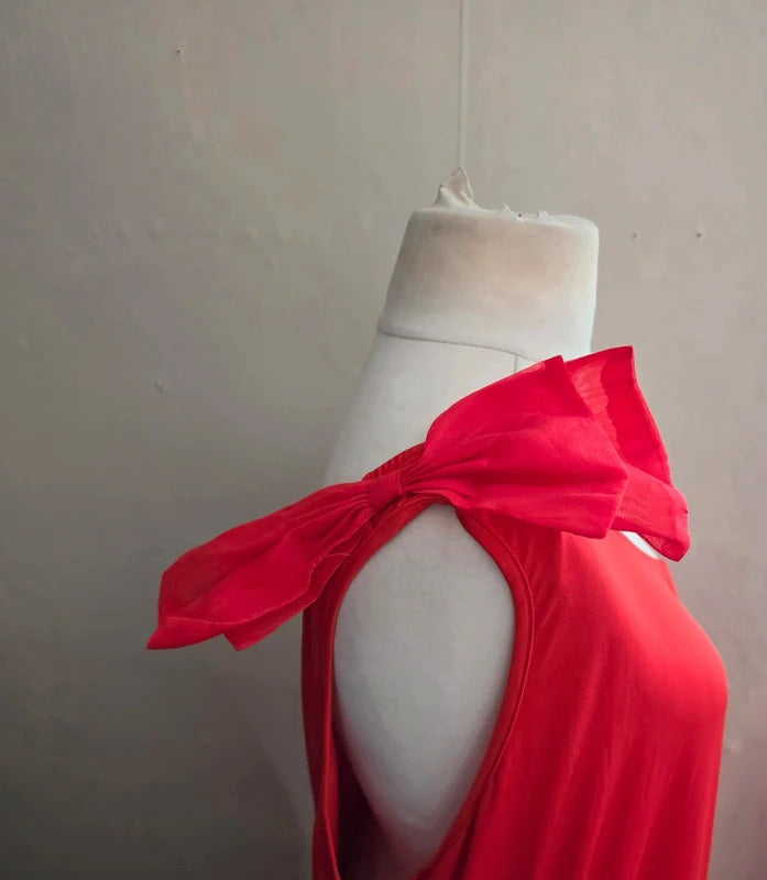 Shein Red Puffed One Shoulder Bow Netted Midi Maxi Dress 4XL Size 24-26