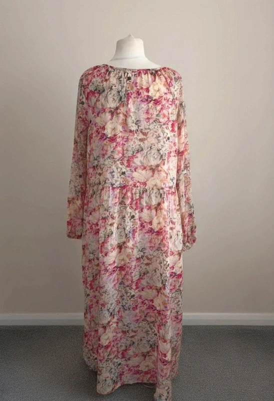 Ariston Collection Pink & Cream Floral Chiffon Maxi Dress Size 20