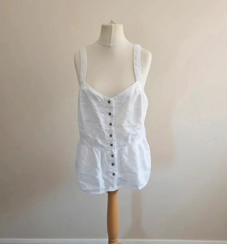Matalan White Linen Blend Button-Front Sleeveless Peplum Top Size 18