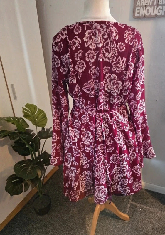 Brave Soul Burgundy Floral Dress Flared Sleeves - Size 10/12
