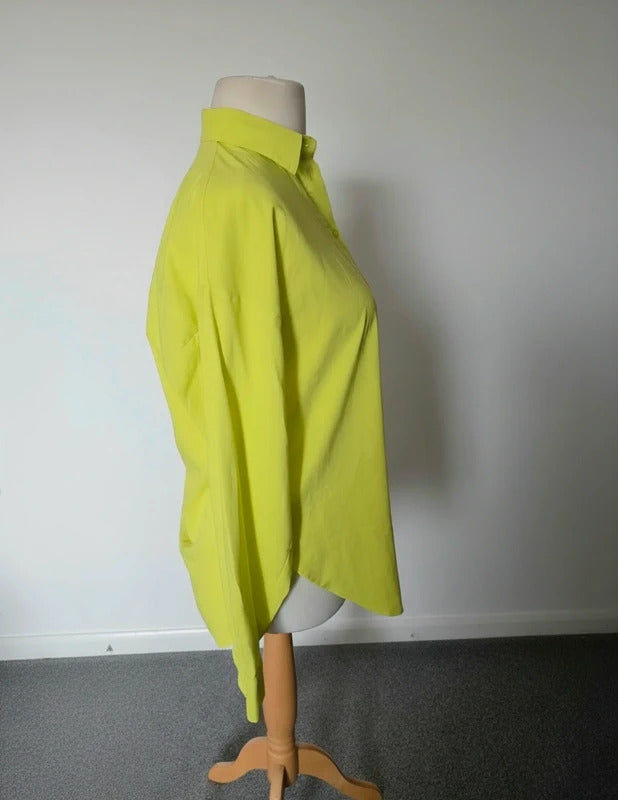 Primark Neon Lime Green Oversized Long Sleeve Button-Up Shirt Size 10 New