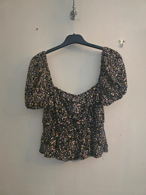 Topshop Black Floral Multicoloured Netted Tie Front Crop Peplum Top Size 10