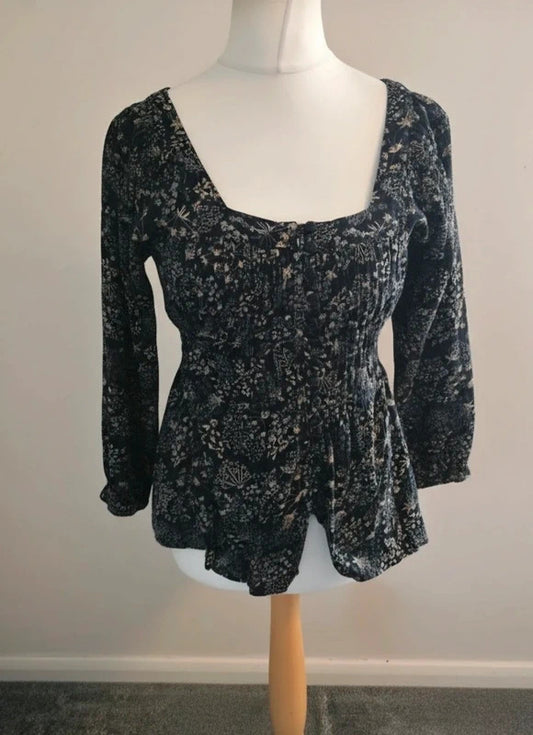Vintage Principles Black & Brown Floral Belted Square Neck Blouse Size 10-12