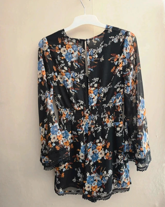 River Island Black Floral Sheer Bell Sleeve Playsuit Size 12