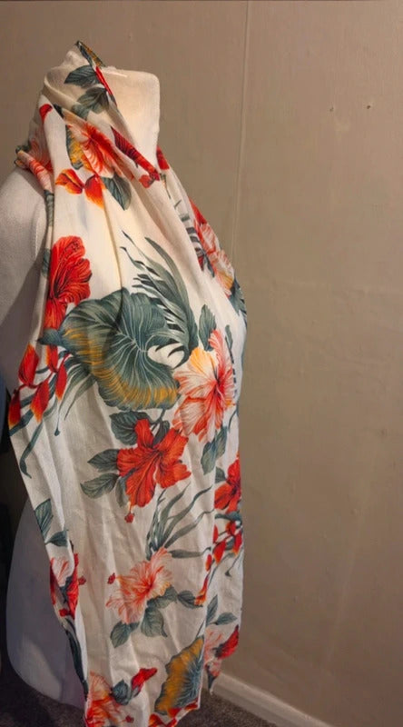 White Floral Tropical Print Lightweight Scarf One Size