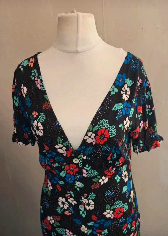 Next Black Multicoloured Floral Button Up Frill Hem Midi Dress Size 12