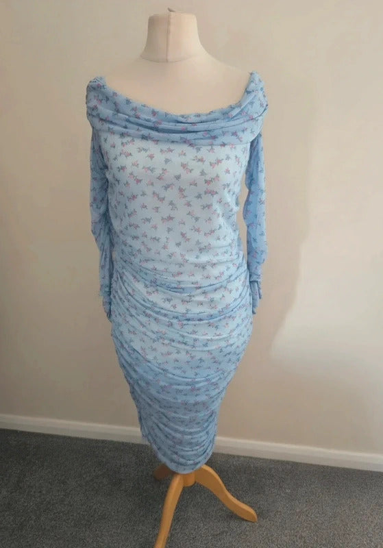 Boohoo Light Blue Floral Off The Shoulder Midi Dress Size 12