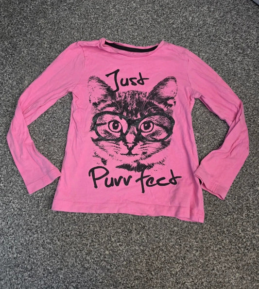 F&F Girls Bright Pink Long Sleeve "Just Purrfect" Cat Graphic T-Shirt Age 5-6 Years