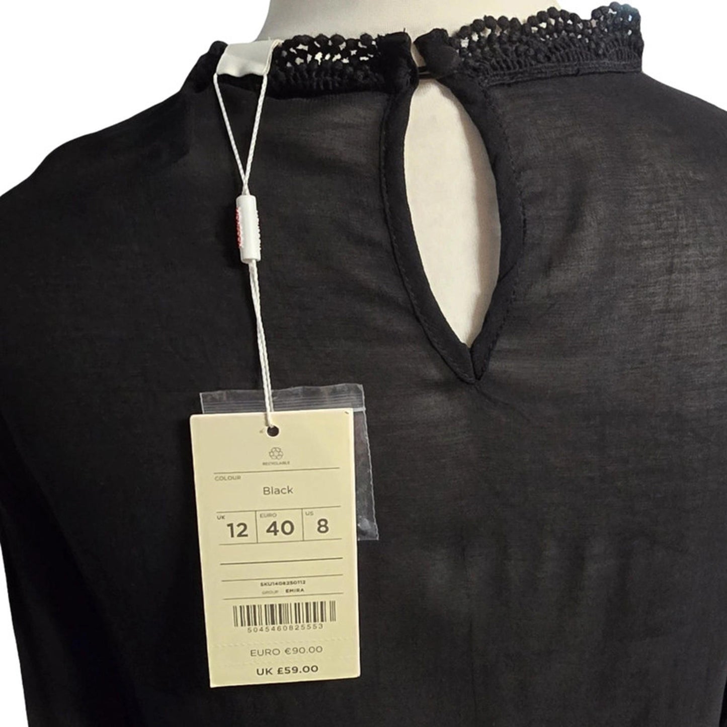 Monsoon Blouse Black Size 12 Lace 3/4 Sleeves New Work Formal