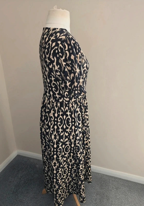 F&F Brown & Black Patterned V-Neck Fit & Flare Midi Dress Size 12-14