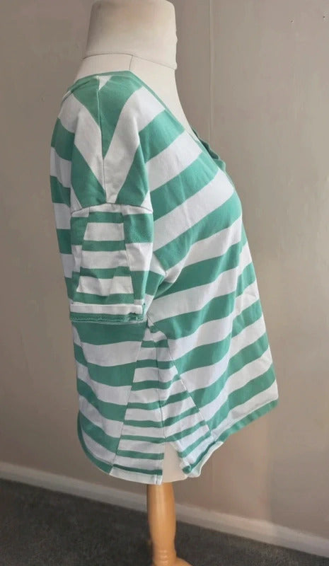 Next Green & White Striped V-Neck Boxy Cotton T-Shirt Size 14