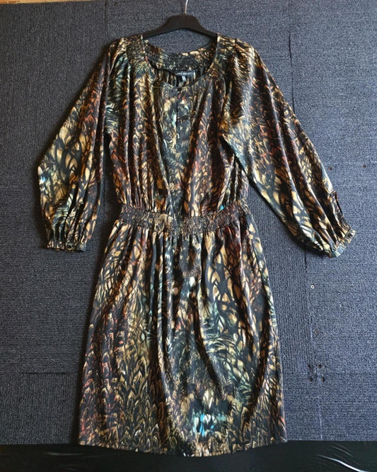 Laura Ashley Black Brown Blue Patterned Dress UK Size 14 Elasticated Waist