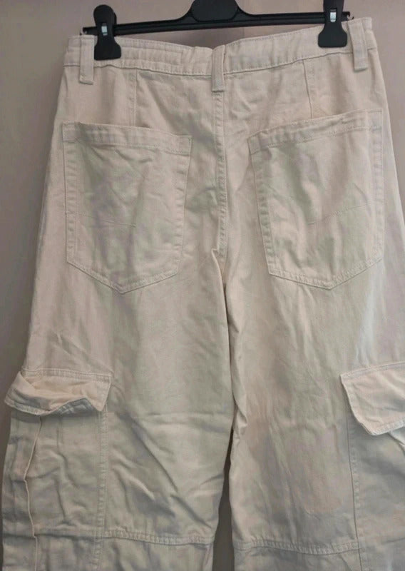 Bershka Cream High Waisted Cargo Flared Cotton Jeans Size EU 38 Size 10