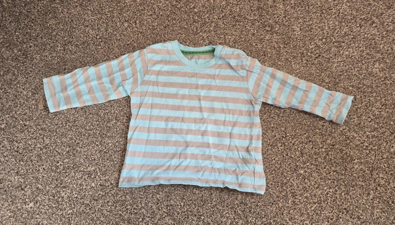 M&S Baby Light Blue & Beige Striped Long Sleeve Cotton Top 6-9 Months