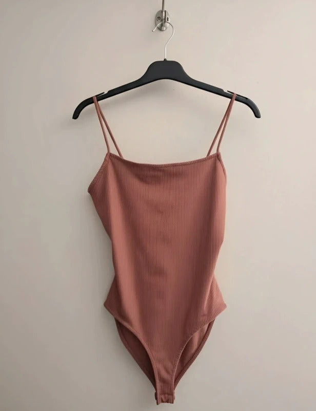 Primark Dusky Pink Ribbed Strappy Bodysuit S Size 10-12 Cami Bodycon Top