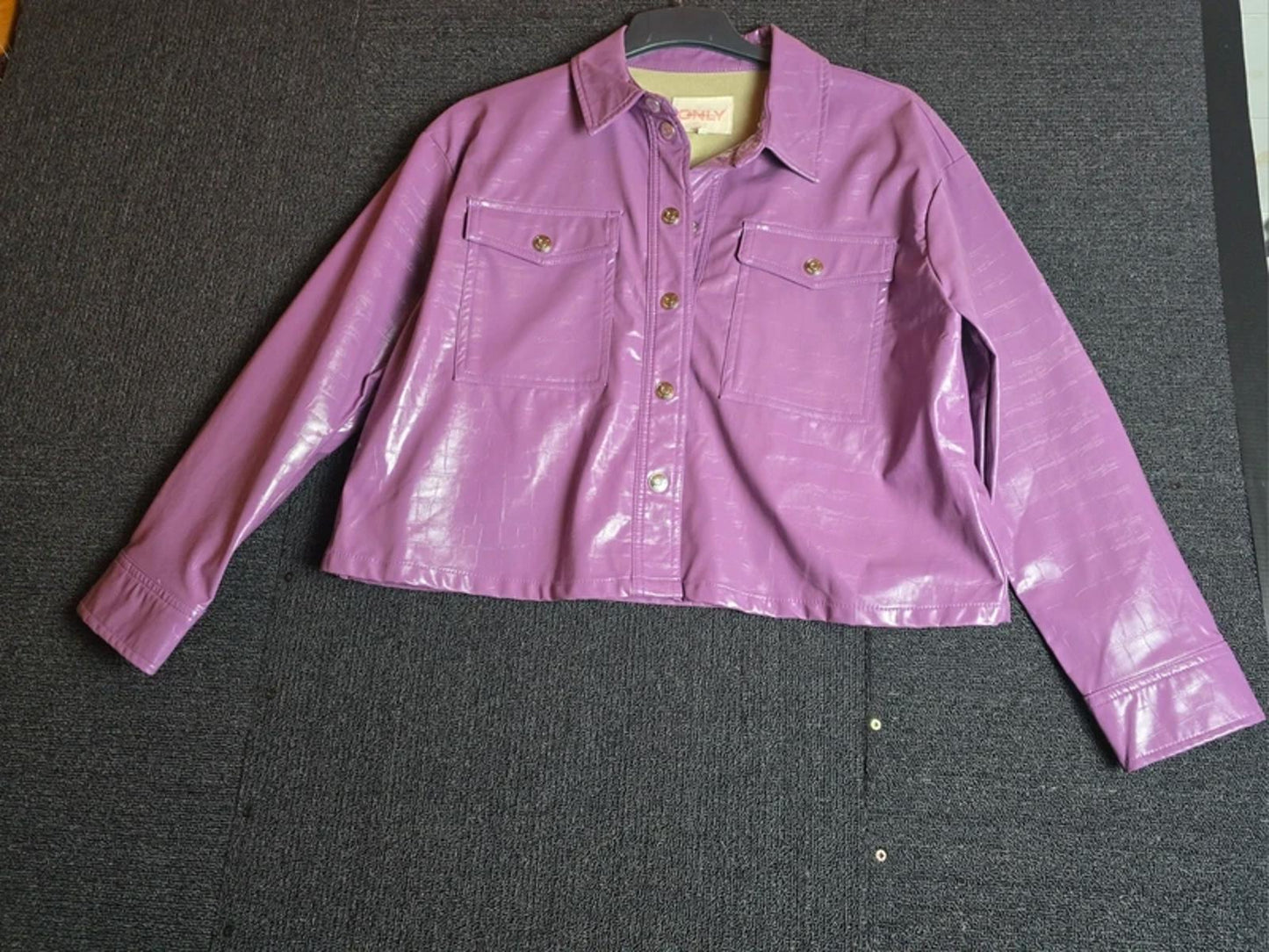 ONLY Faux Leather Jacket Lilac M Size 12-14 Boxy Cropped Fit Causal