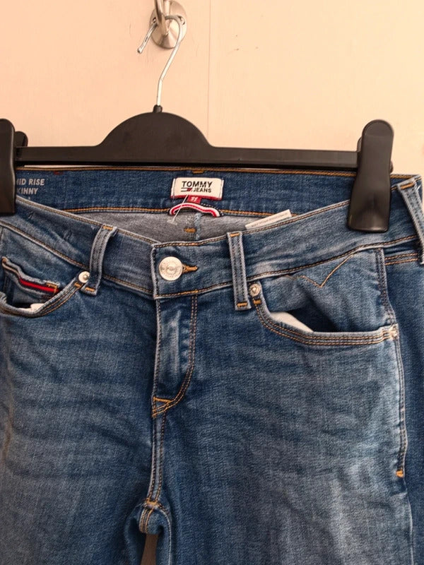 Tommy Jeans Blue Contrast Panel Mid-Rise Skinny Jeans Size W27 L32 (UK Size 8)