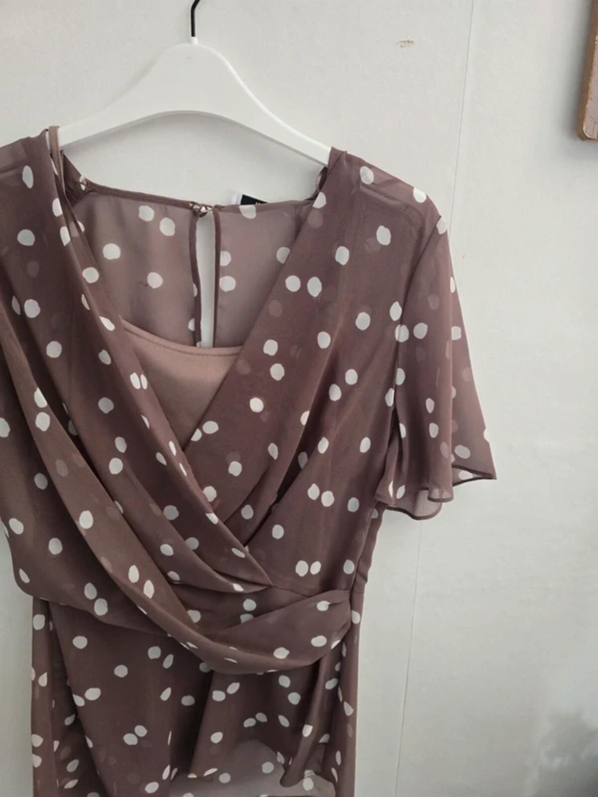 Jacques Vert Brown & White Polka Dot Asymmetrical Top Size 8 NWT