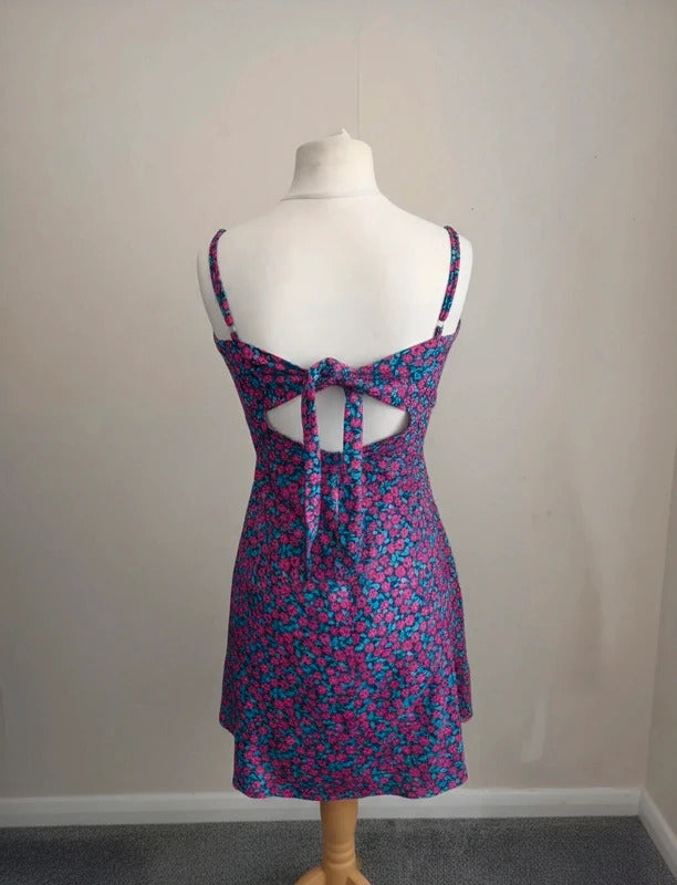 Ribbon Red, Blue & Green Floral Open Tie-Back Mini Dress Size 10