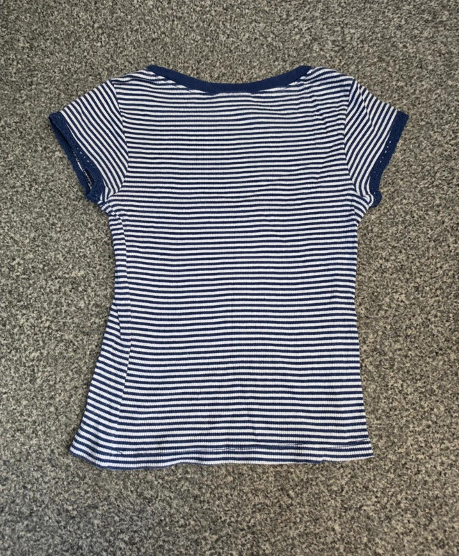 Matalan Girls Navy Blue & White Fine Striped Short Sleeve Ribbed T-Shirt Age 4-5 Years