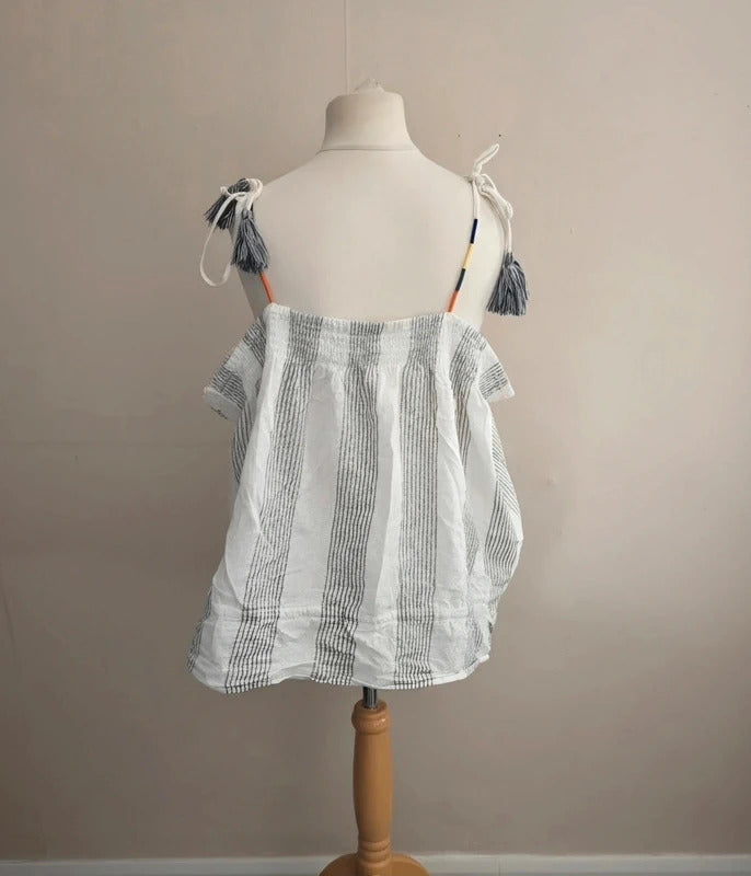 JD Williams White & Black Striped Tie Sleeve Drawstring Cami Top Size 28