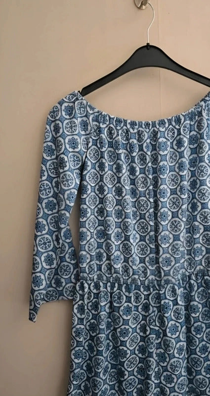Boohoo Blue & White Patterned Off Shoulder Playsuit 3/4 Sleeves Size 10