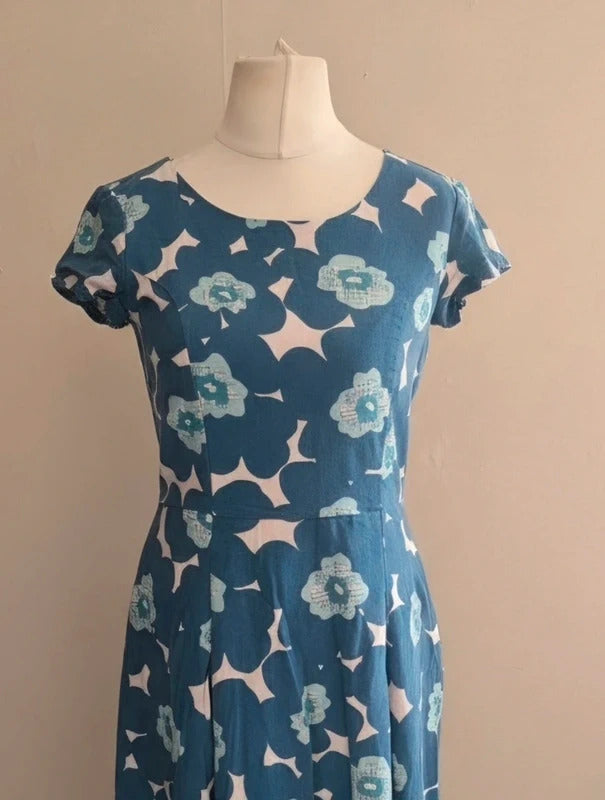 Lily & Me Blue & Green Floral Linen Blend Fit & Flare Midi Dress Size 10