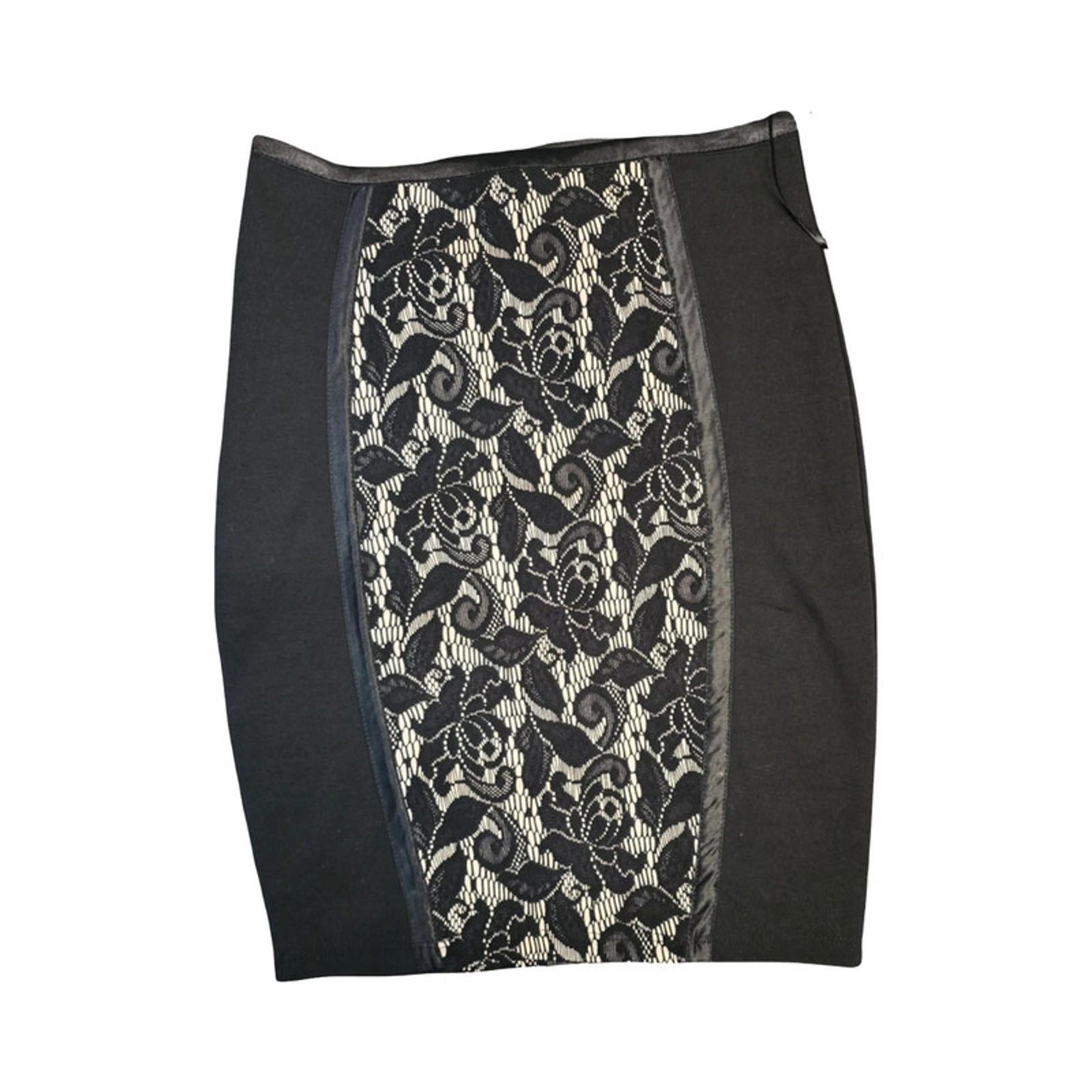 Jane Norman Y2K Black & Beige Lace Panel Bodycon Skirt Size 10