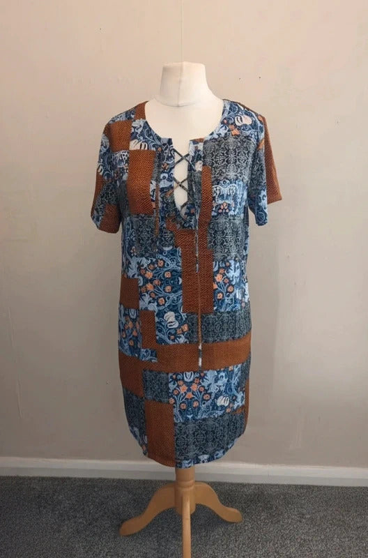 New With Tags Glamorous Burnt Orange & Blue Patterned Shirt Dress Size 12