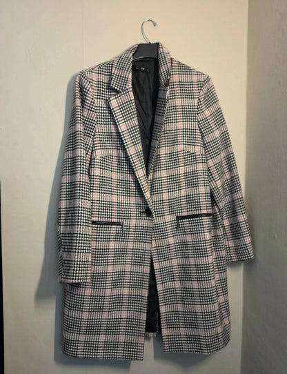 F&F Black Pink & White Checked Tweed Longline Blazer Coat Size 16