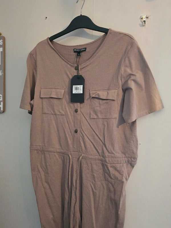 Brave Soul Dark Beige Short Sleeved Flared Utility Jumpsuit M Size 12 NWT