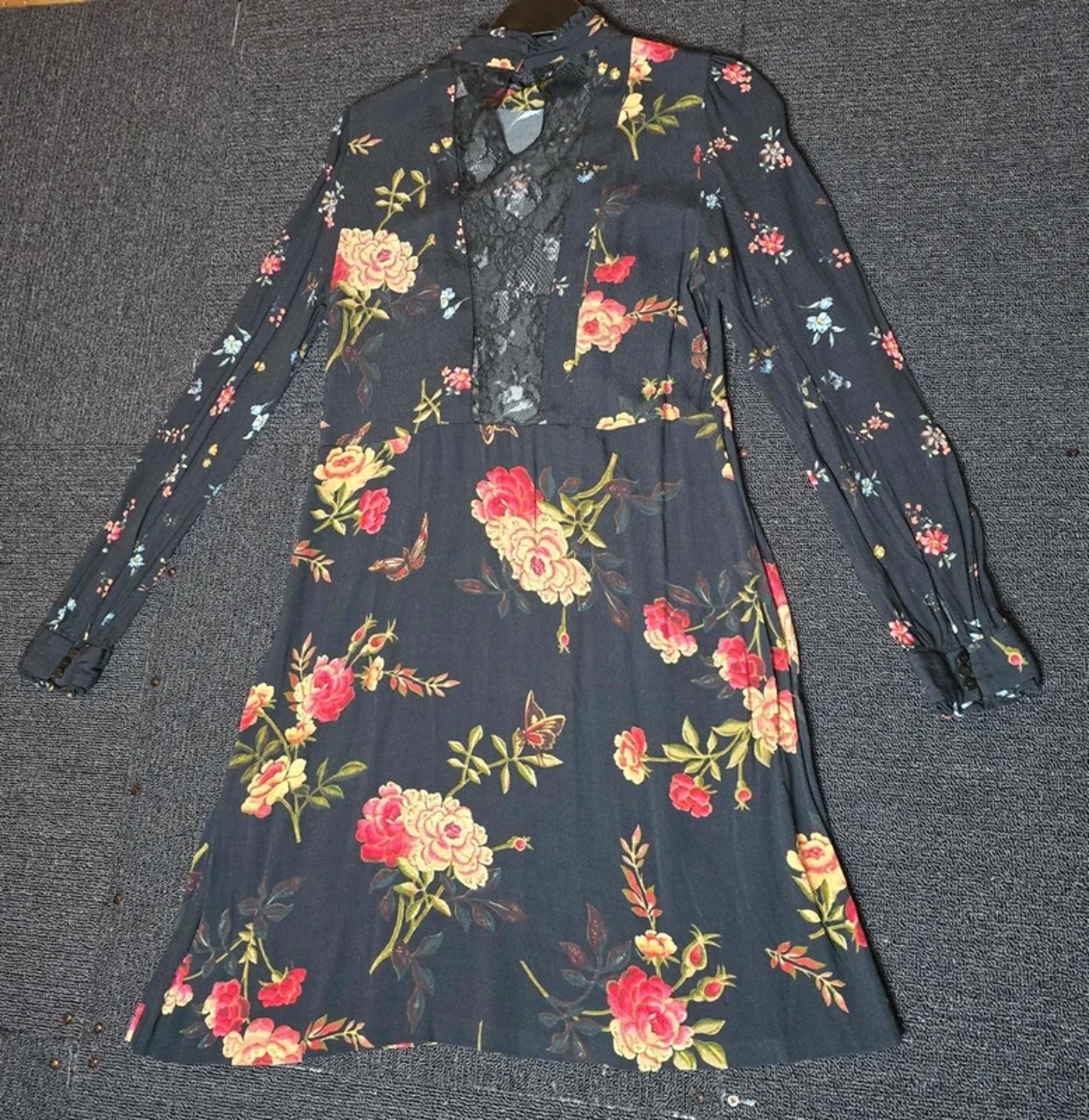 Zara Black Floral Mini Dress L Size 12 Long Sleeve Lace Back Frill Detail