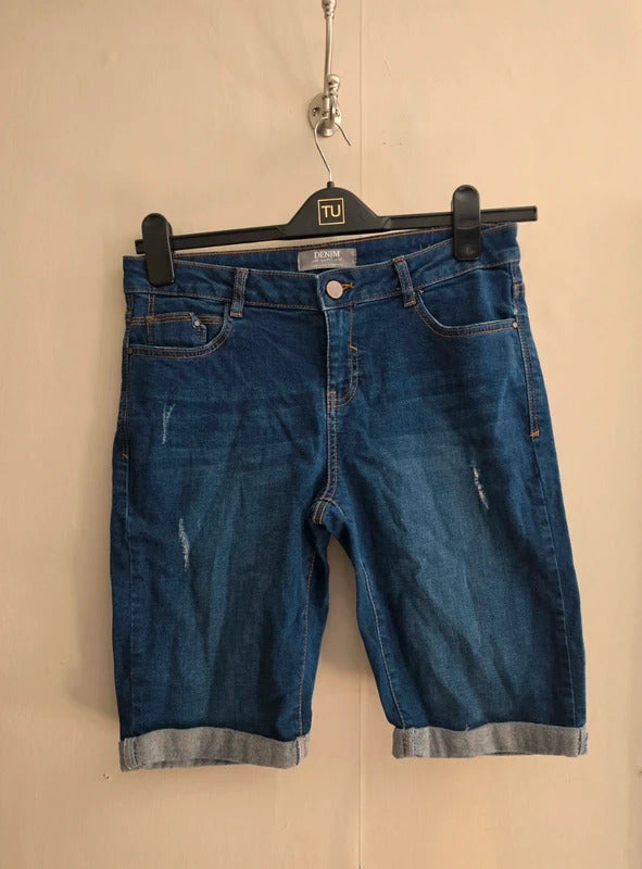 Dorothy Perkins Mid Blue Ripped Distressed Denim Bermudas Shorts Size 12