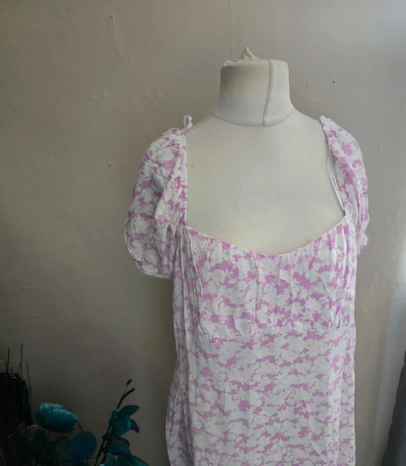 Primark Pink & White Patterned Off The Shoulder Midi Dress Front Slit Size 20