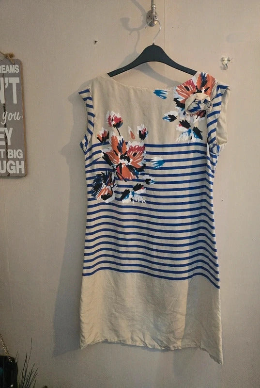 Derhy Cream & Blue Striped Floral 100% Silk Short Sleeved Knee Dress L Size 12