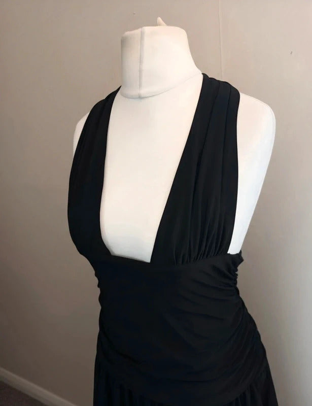 Bershka Black Y2K Ruched Halterneck Bodycon Mini Dress L Size 12