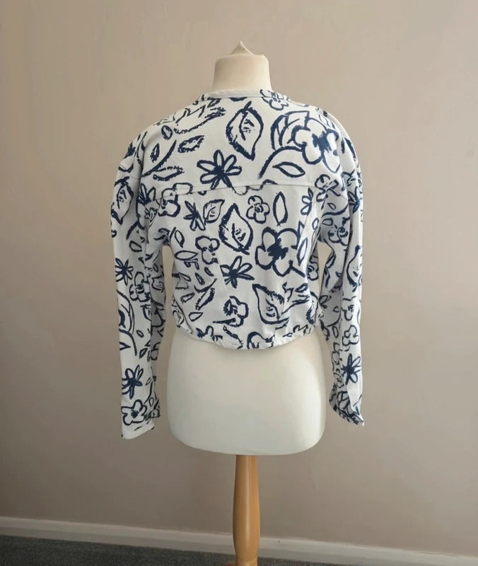 Winch White & Navy Floral Cropped Long Sleeve Cotton Denim Jacket Size 12