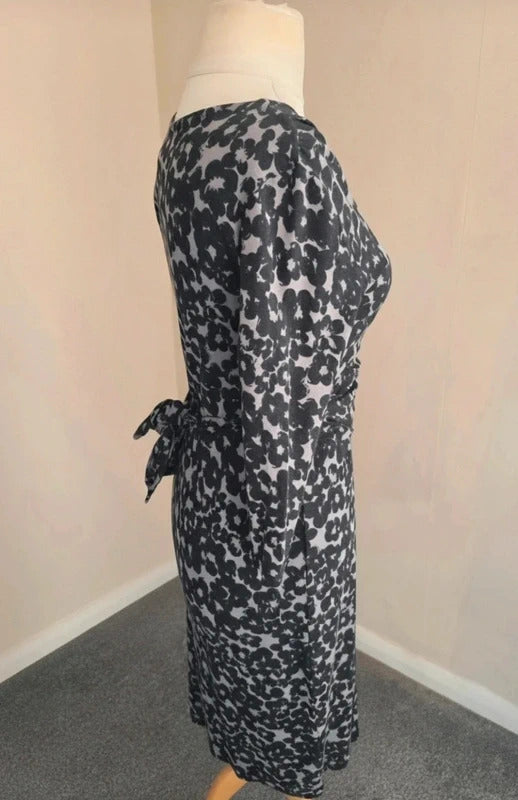 Monsoon Women's Black & Grey Floral Wrap-Front Midi Dress Size 12