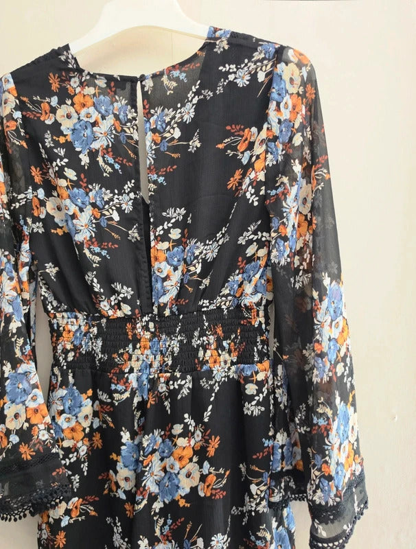 River Island Black Floral Sheer Bell Sleeve Playsuit Size 12