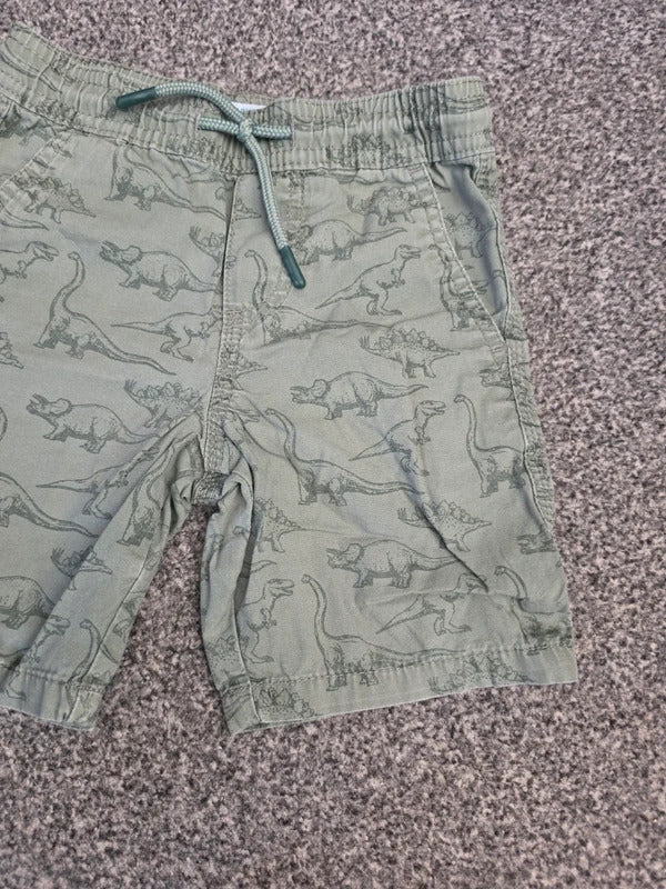 Primark Boys Sage Green Dinosaur Print Cotton Drawstring Shorts Age 2-3 Years