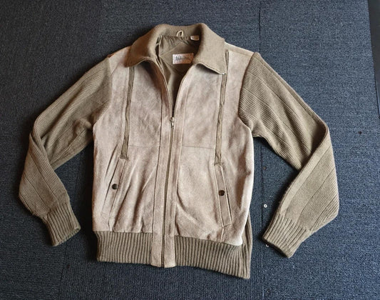 Mister Man Vintage Leather & Knit Jacket Beige Light Brown 80s 90s Zip