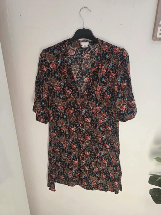 Cooperative Black Floral Short Sleeved Tie Neck Dress Med Size 10-12