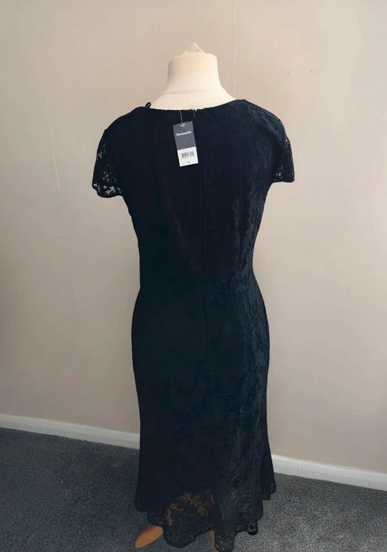 Bonmarche Women's Black Lace Short-Sleeved Sheer Hem Midi Dress NWT Size 12