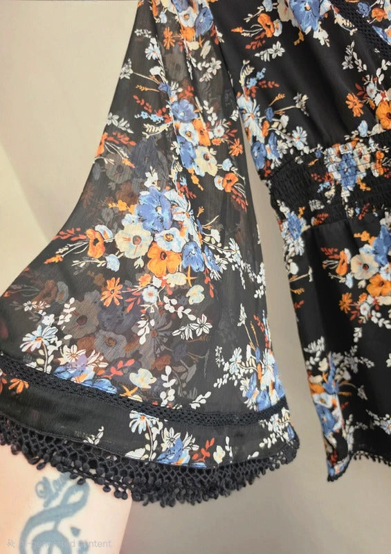 River Island Black Floral Sheer Bell Sleeve Playsuit Size 12